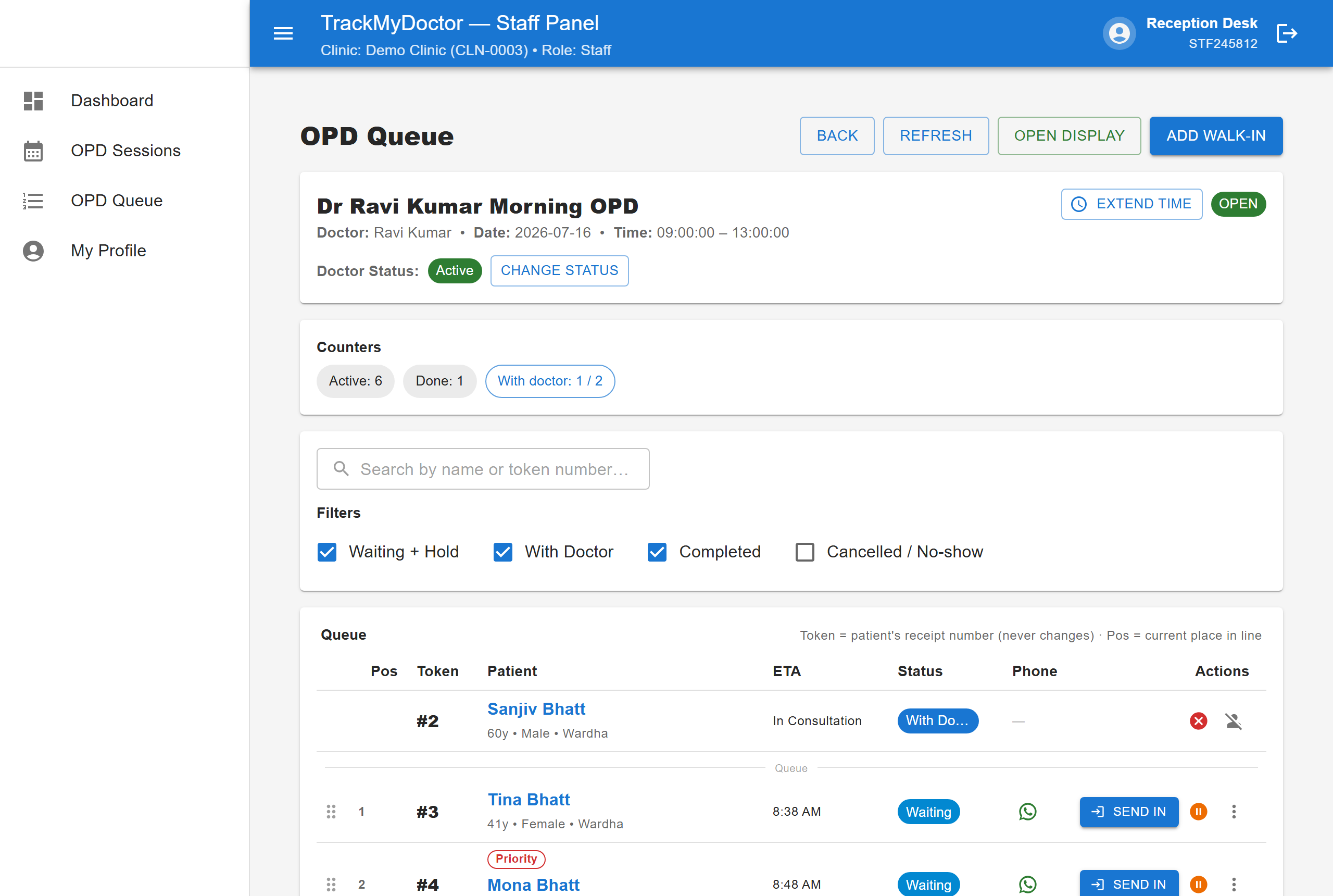 TrackMyDoctor live OPD queue — real product screenshot showing waiting patients, ETAs, and one-tap actions